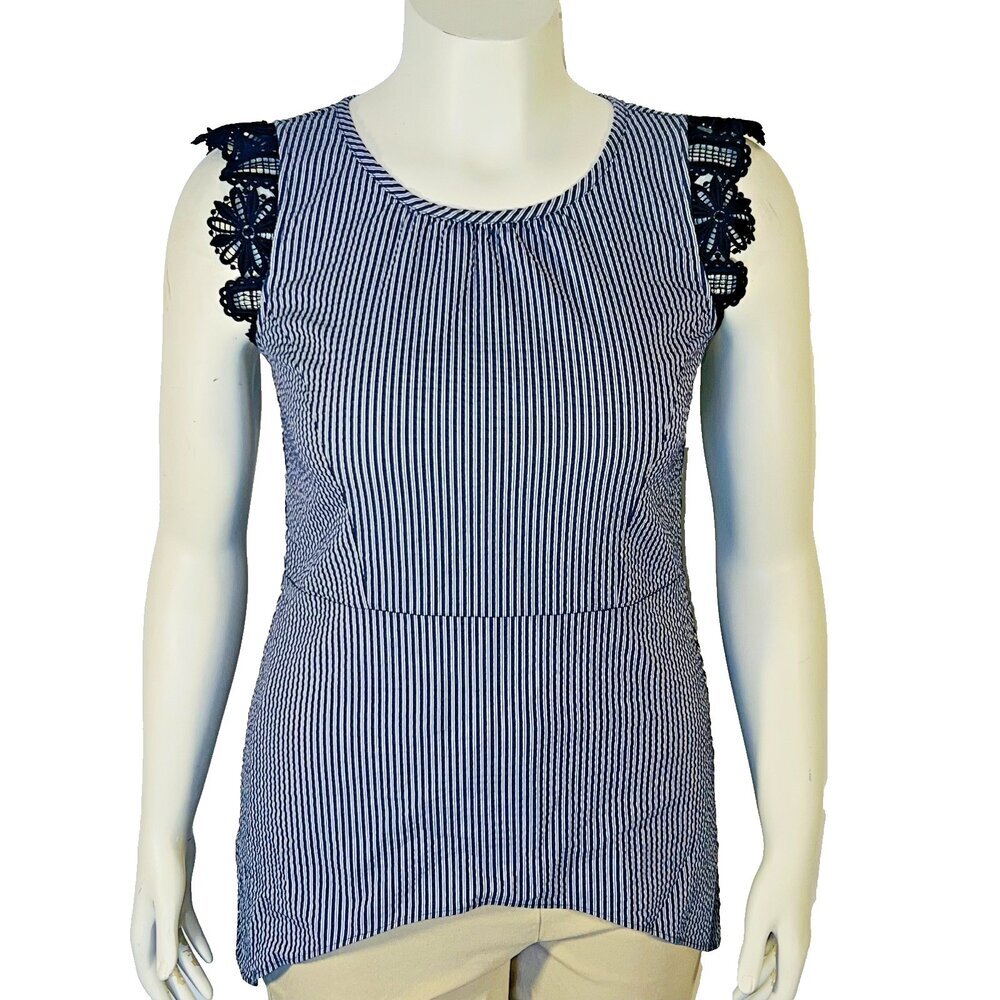 CAbi Peplum Tank Women's S Vertical Seersucker Stripe High Neck Flared Hem #5727